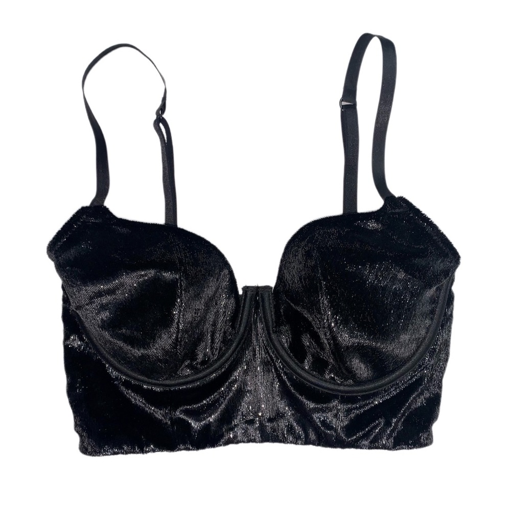 VS Very Sexy Sparkly Ribbed Black Velvet Long Line Balconette Bra 32C